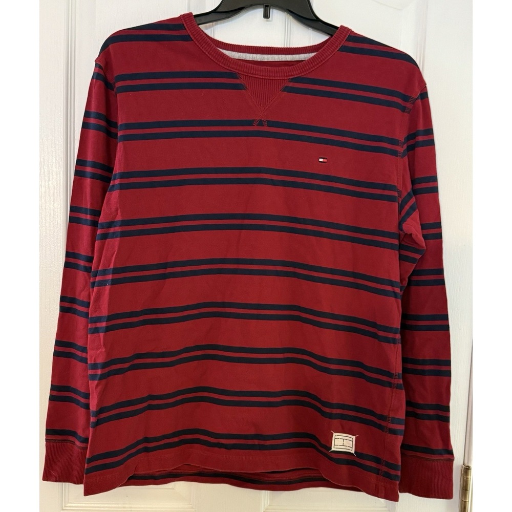 Tommy Hilfiger Patterned Jumper Sweater Red Striped Tight Knit Mens Large EUC